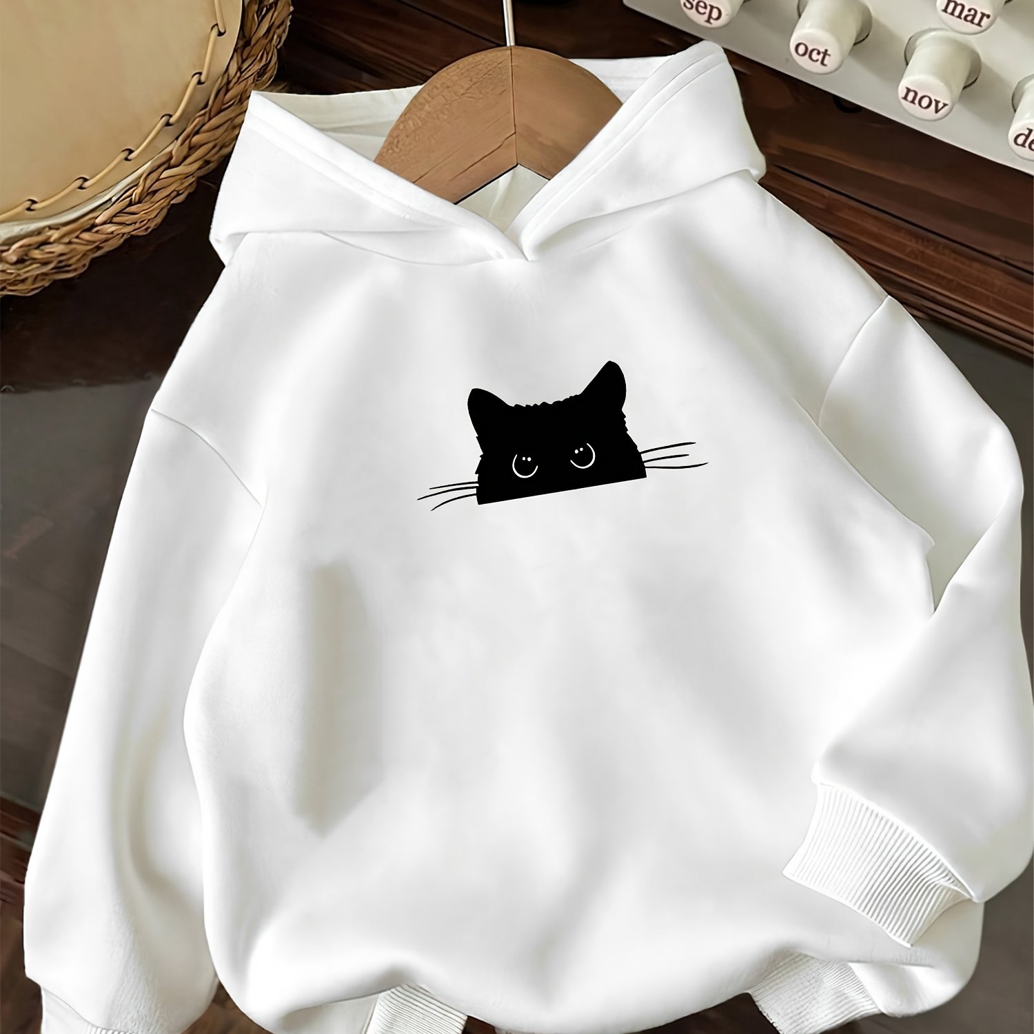 Image of Autumn And ' Long-sleeve Hooded Sweatshirt, " Cat Silhouette" Print Loose Casual Top