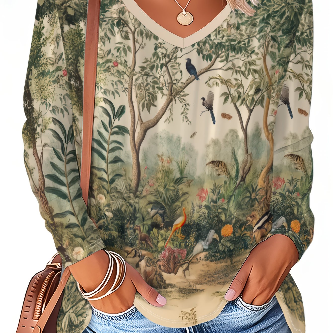 TEMU Plus Size Women's V-neck Long Sleeve T-shirt, Forest And Scenery Printed Top, Retro Oil Painting Style Loose Casual Blouse For Spring Summer