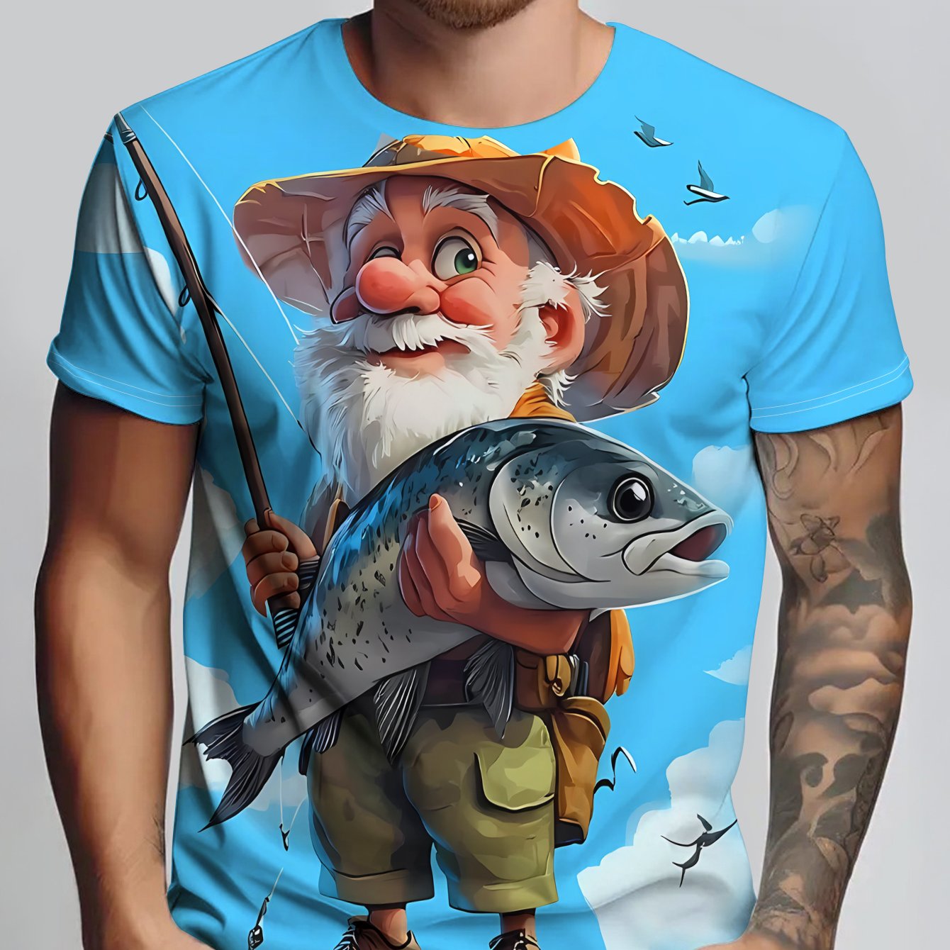 TEMU A For Man Wearing A Blue Cartoon T-shirt Featuring An Elderly For Man With A Hat Holding A Fishing Rod And