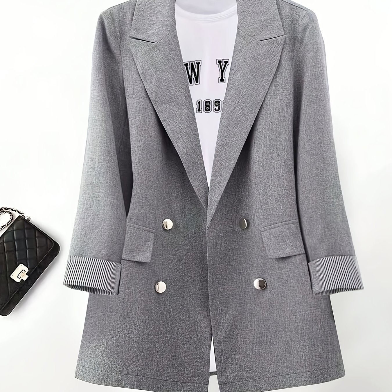TEMU Plus Size Casual Women's Blazer | Non-stretch Fabric, Lapel Collar, Button Details, Regular Sleeve, Solid Color, Fall/winter Season