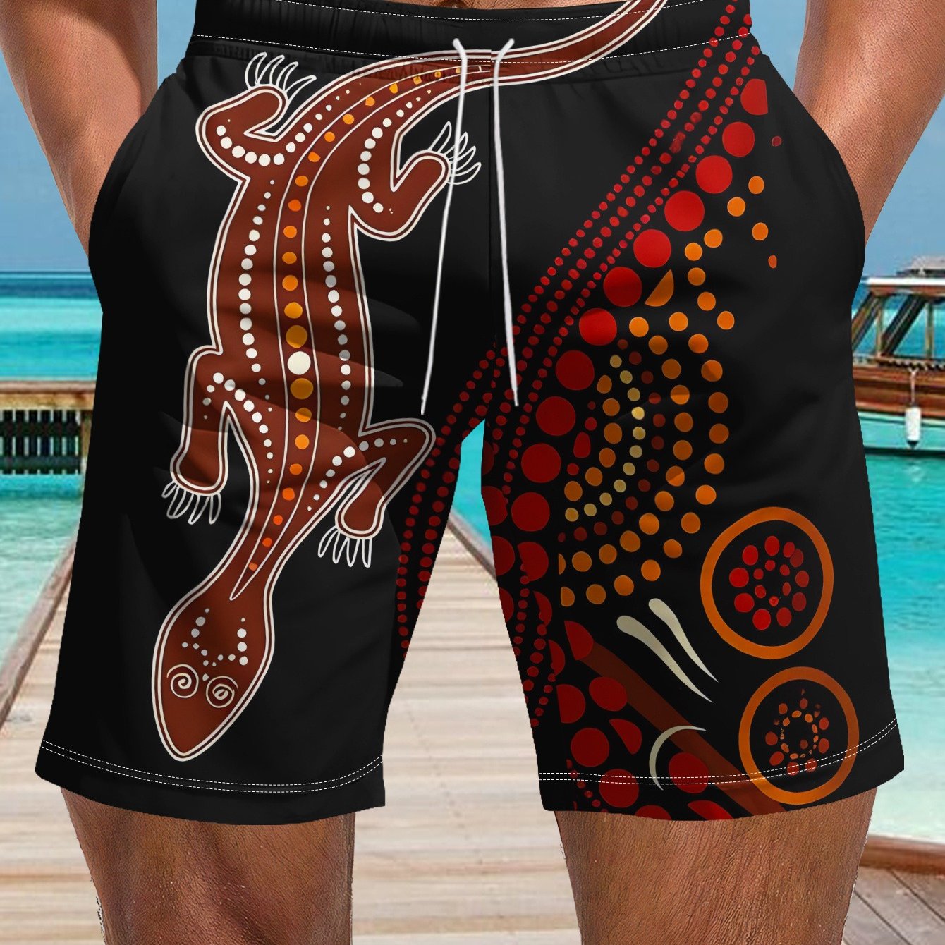TEMU Men's Beach Vacation Shorts, Black Background With 1 Brown Lizard With White Spots, Red Orange Polka Dot Pattern, Drawstring Waistband, , Men's