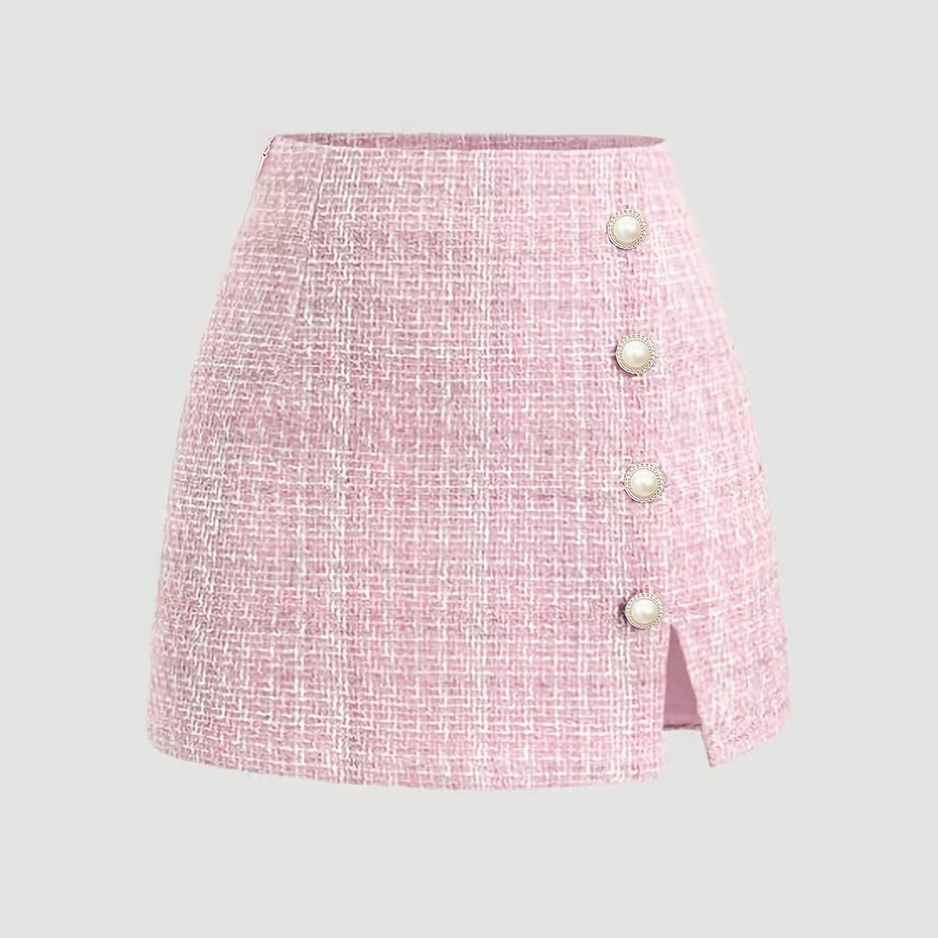 TEMU 2026 /summer Women's Tweed -style Skirt With , Slit, High Waist, A-line,, Elegant, Commuter Short Skirt