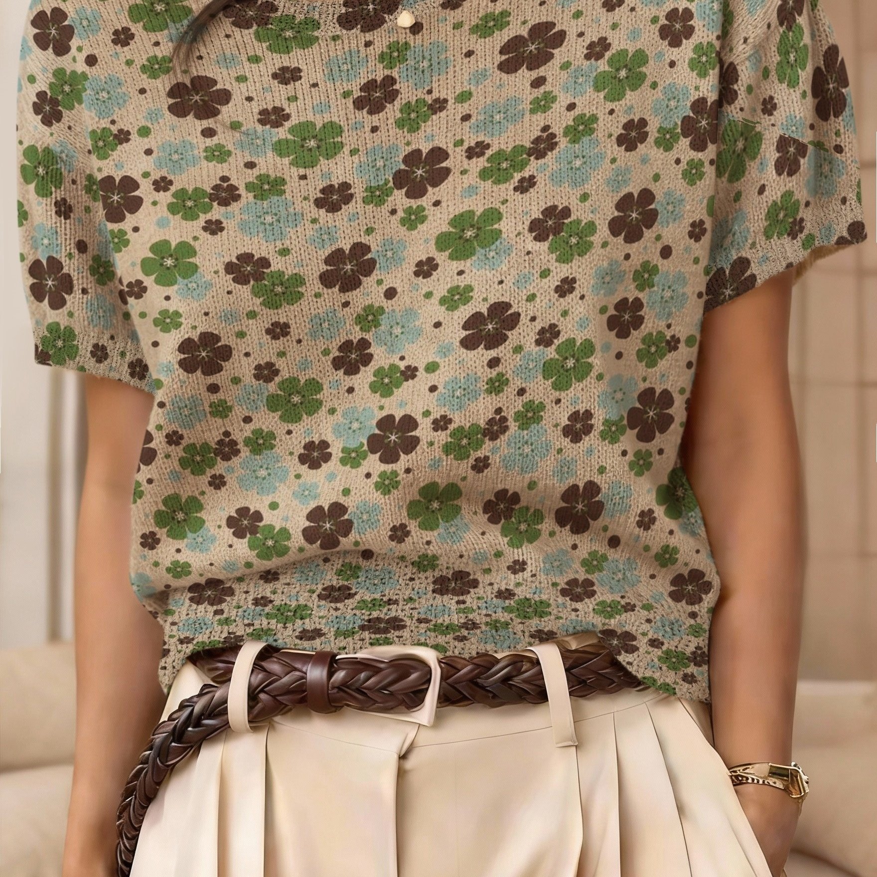 TEMU [Pull Fin] Pull Court Vintage Contrasté à Floraux pour Femmes, avec une Ambiance Rétro Décontractée et Casual, Mélangeant Parfaitement Vintage