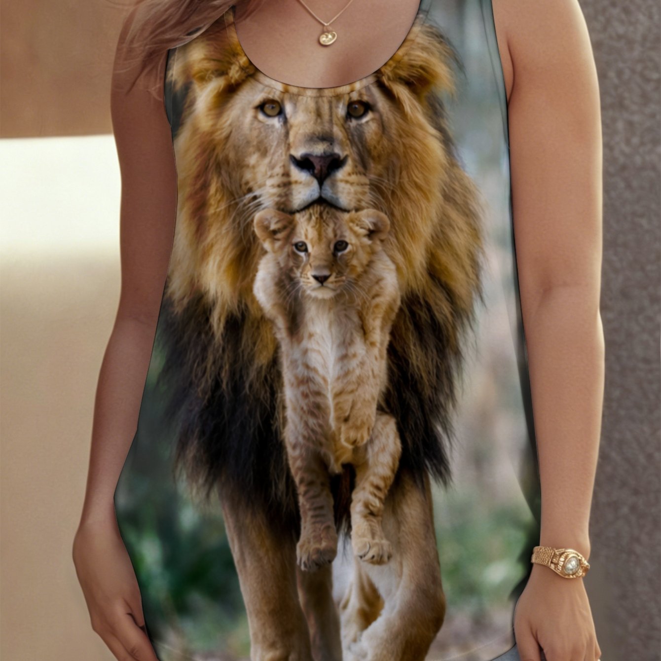 TEMU Plus Size - Women's Plus Size Crew Neck Sleeveless Tank Top, Sizes 0xl-9xl Lion And Cub Casual Crew Neck, Sleeveless Suitable For , Beach And
