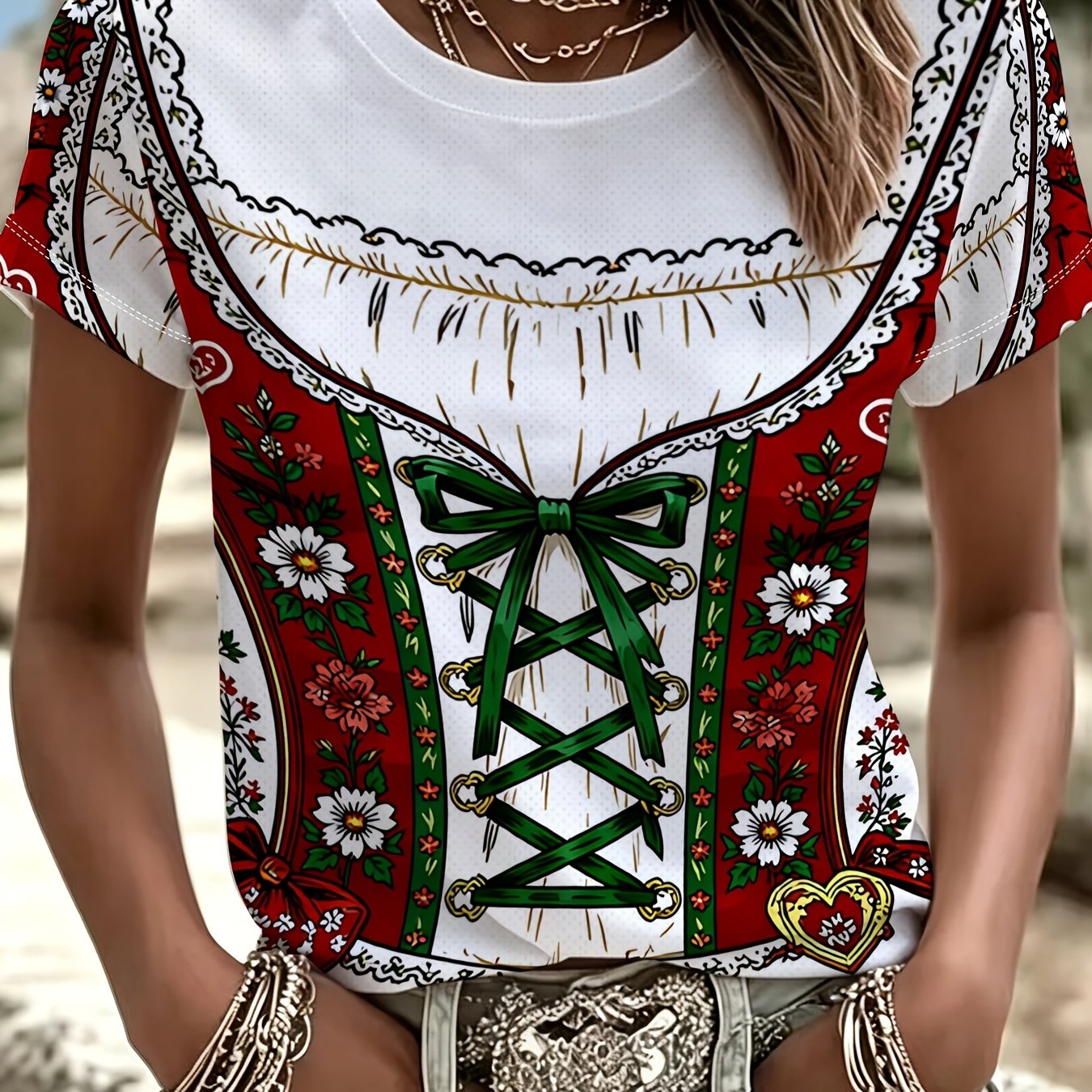 TEMU Women's European Folk T-shirt Suitable For Oktoberfest - Traditional Waist Tie Top With Floral Print & Cinched Waist, Machine Washable Summer