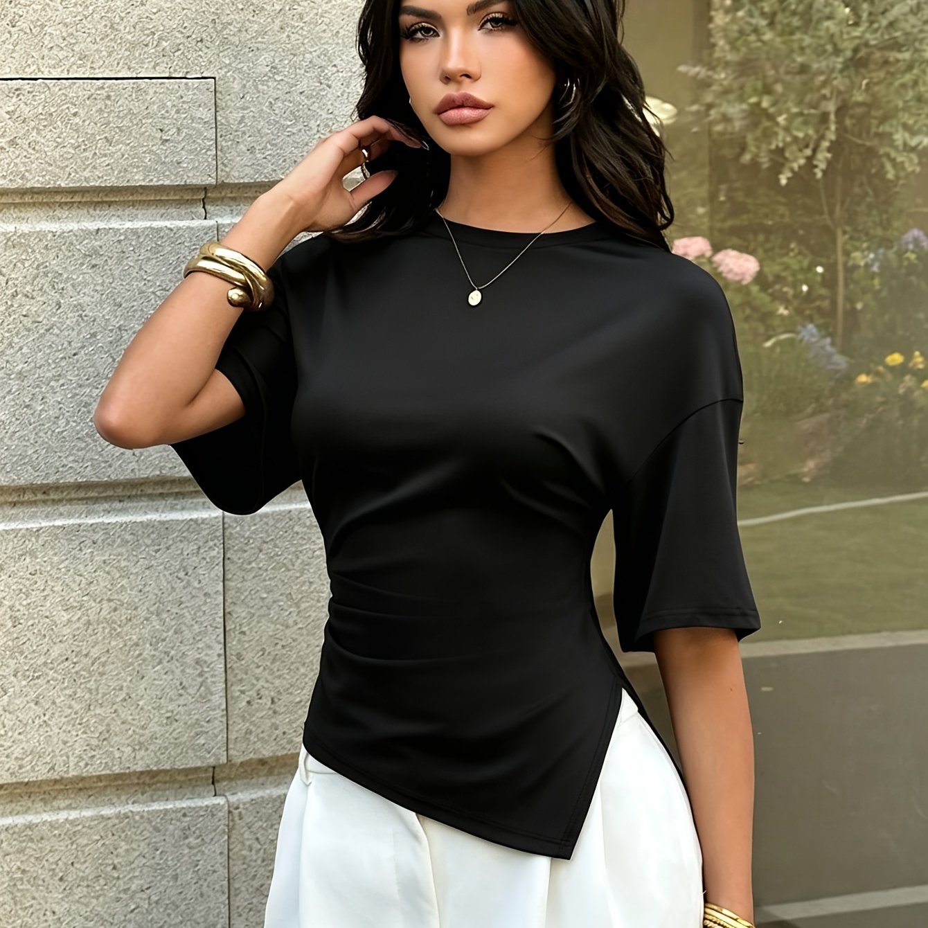 TEMU Women's Black Round Neck Side Ruched Irregular Asymmetrical Slit Hem Slim Short Sleeve Casual T-shirt Top