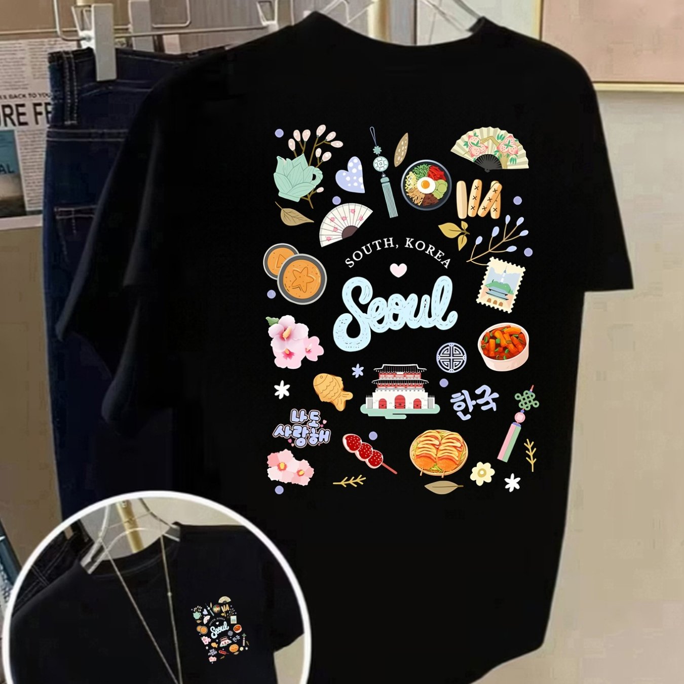 TEMU Front And Back Short Sleeve T-shirt Seoul, South Fashion Print Women's Spring And Summer Trendy Printed T-shirt, Fashionable And Trendy Item