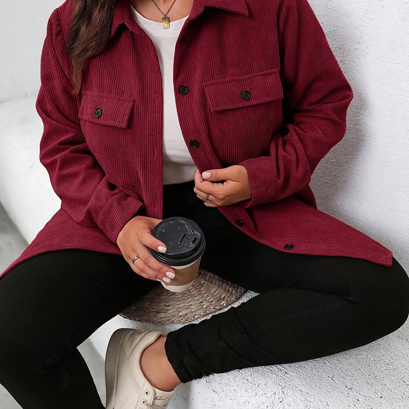 TEMU Plus Size - Plus Size - Plus-size Casual Jacket For Women, Solid Color Corduroy Long Sleeve Coat With Collar And Flap