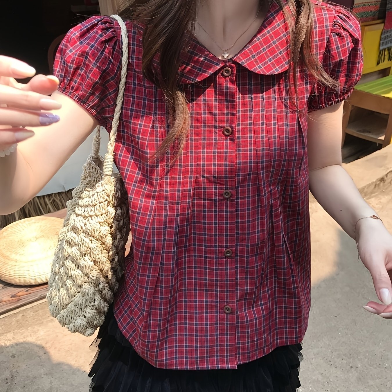 TEMU 【商品名】レディース チェック柄 ブラウス ピーターパンカラー 半袖 女性 カレッジスタイル 韓国風 ガーリー 夏 トップス