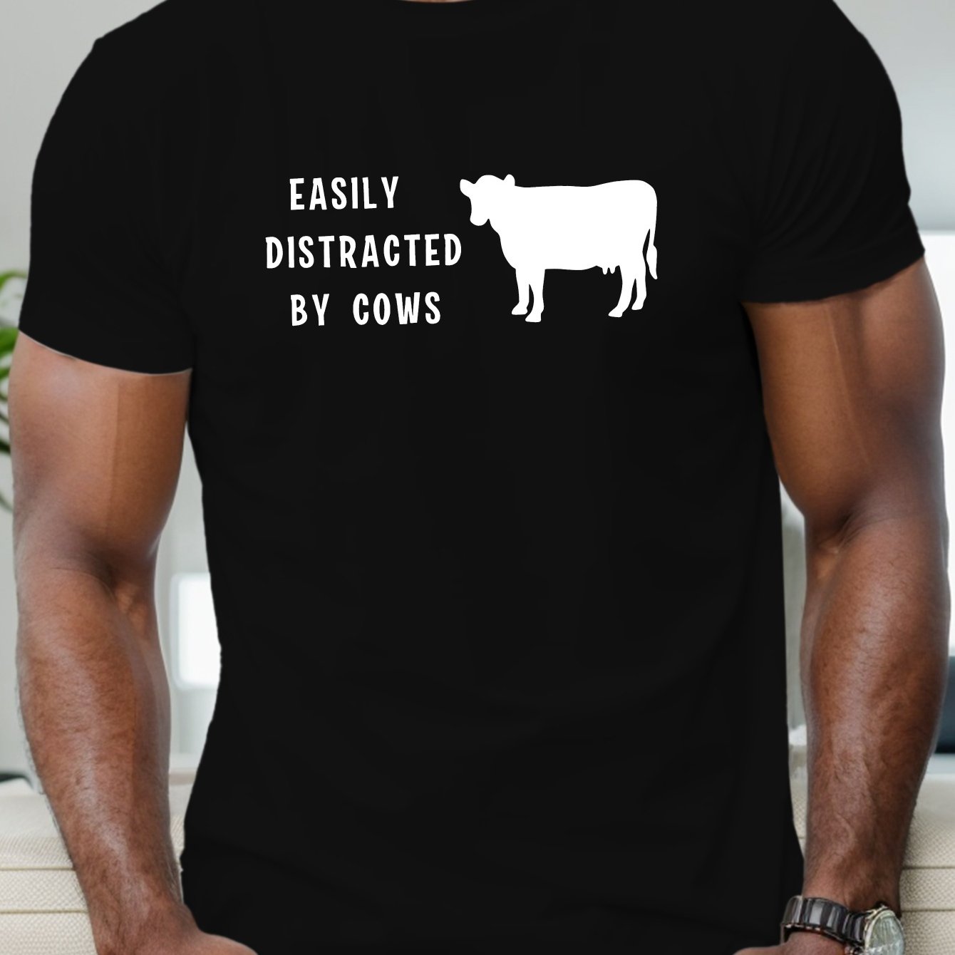 TEMU Easily By Cows Print Men's Short Sleeve T-shirts, Comfy Casual Elastic Crew Neck Tops For Men's Outdoor Activities