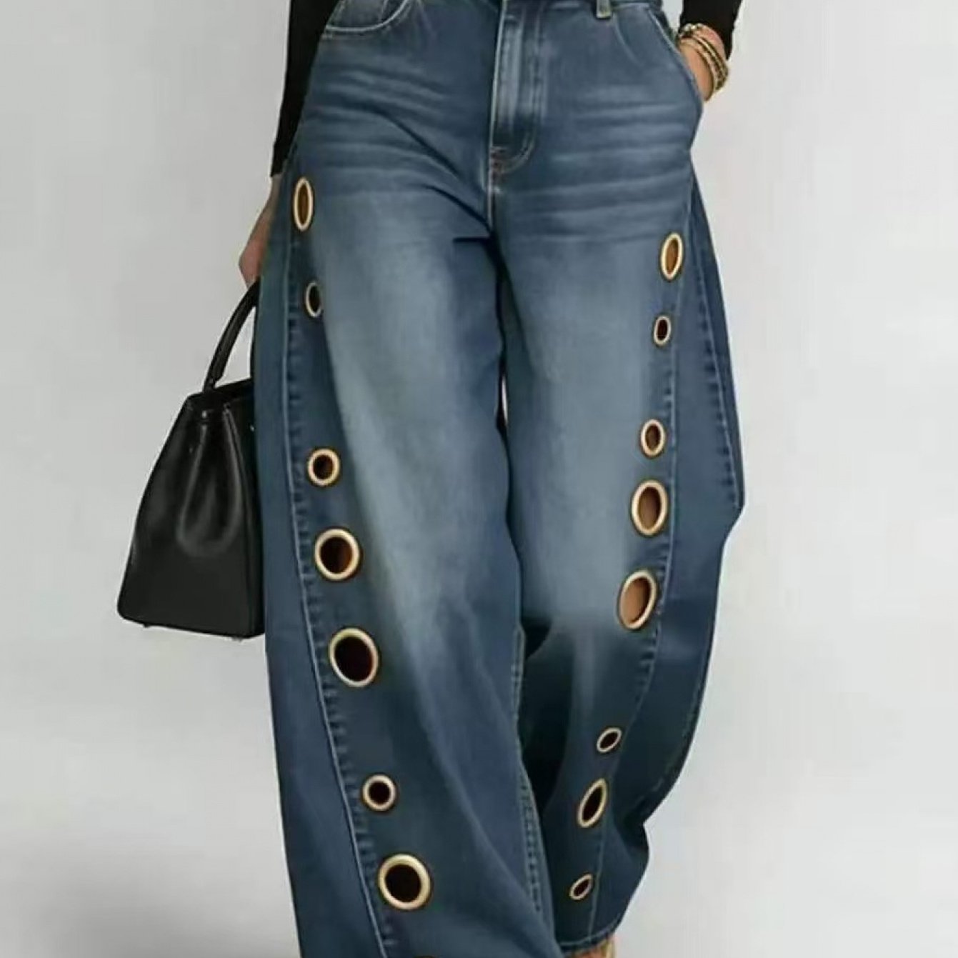 Women's High-waisted Wide-leg Jeans, Eyelet Washed , Y2k Retro Casual Loose Pants, Suitable For Daily Wear And Casual
