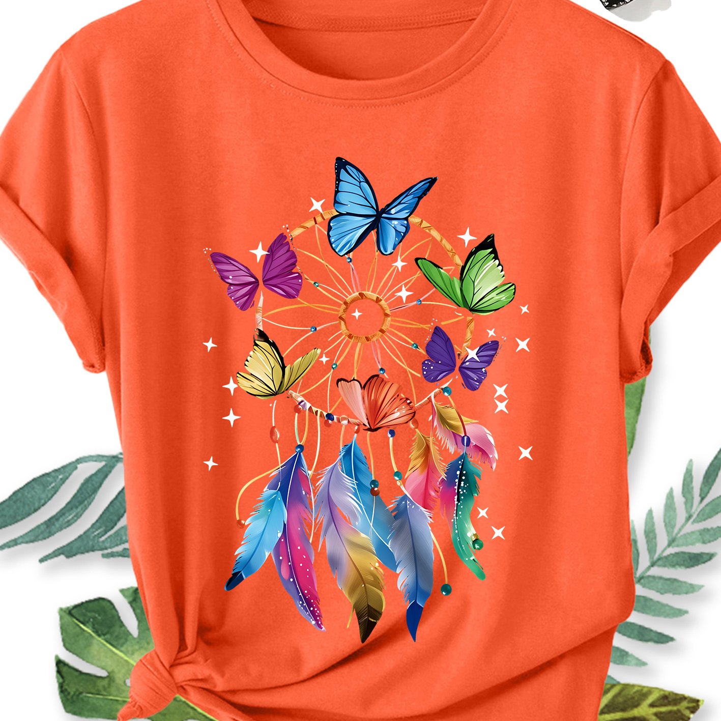TEMU Women's Plus Size Bohemian Dreamcatcher Blouse Top - Short Sleeve Round Neck Soft Breathable Suitable For Commuting, Vacation & Daily Wear,