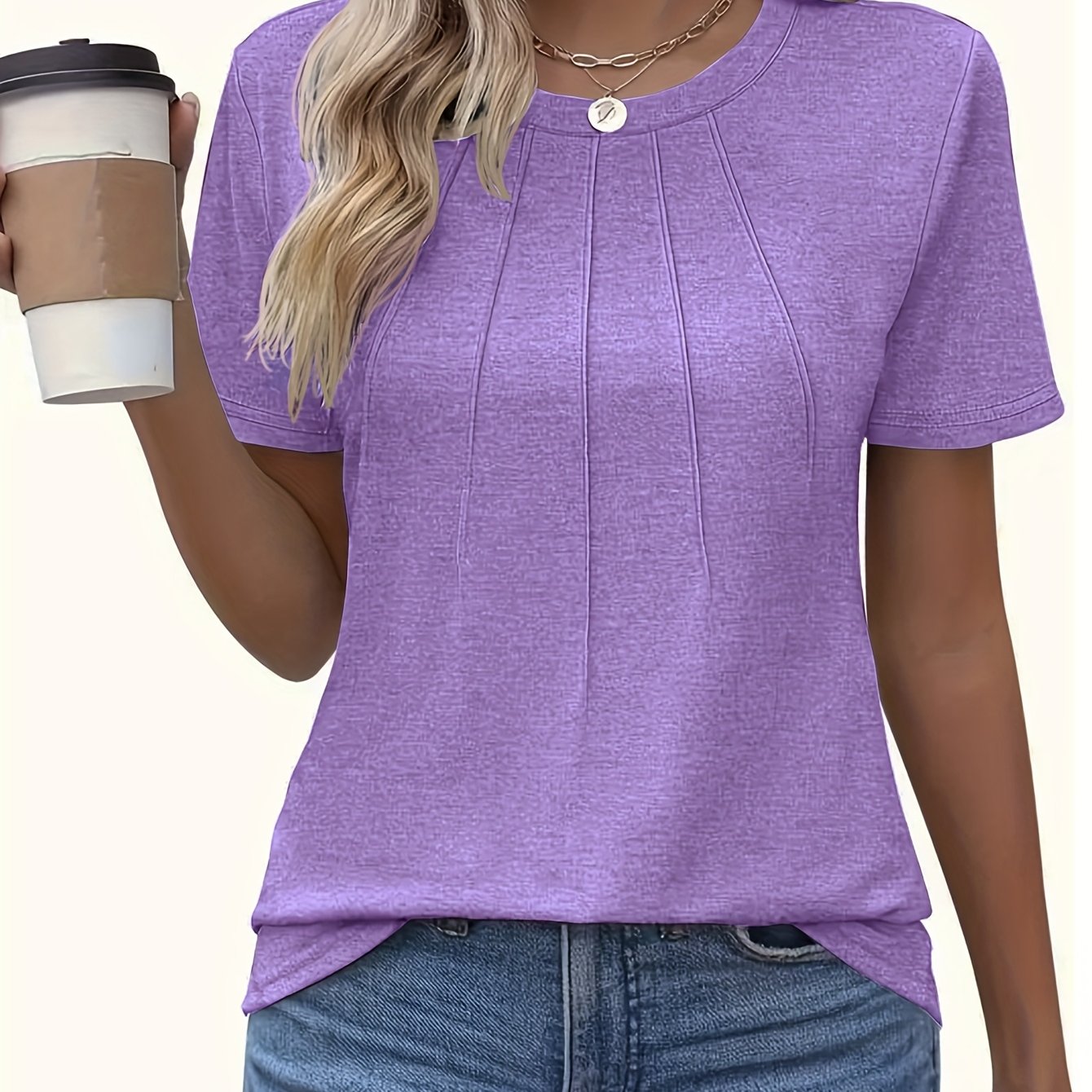 Image of Summer Women's T-shirt, Solid Round Neck Short Sleeve T-shirt, Casual Loose Comfortable Short Sleeve Top