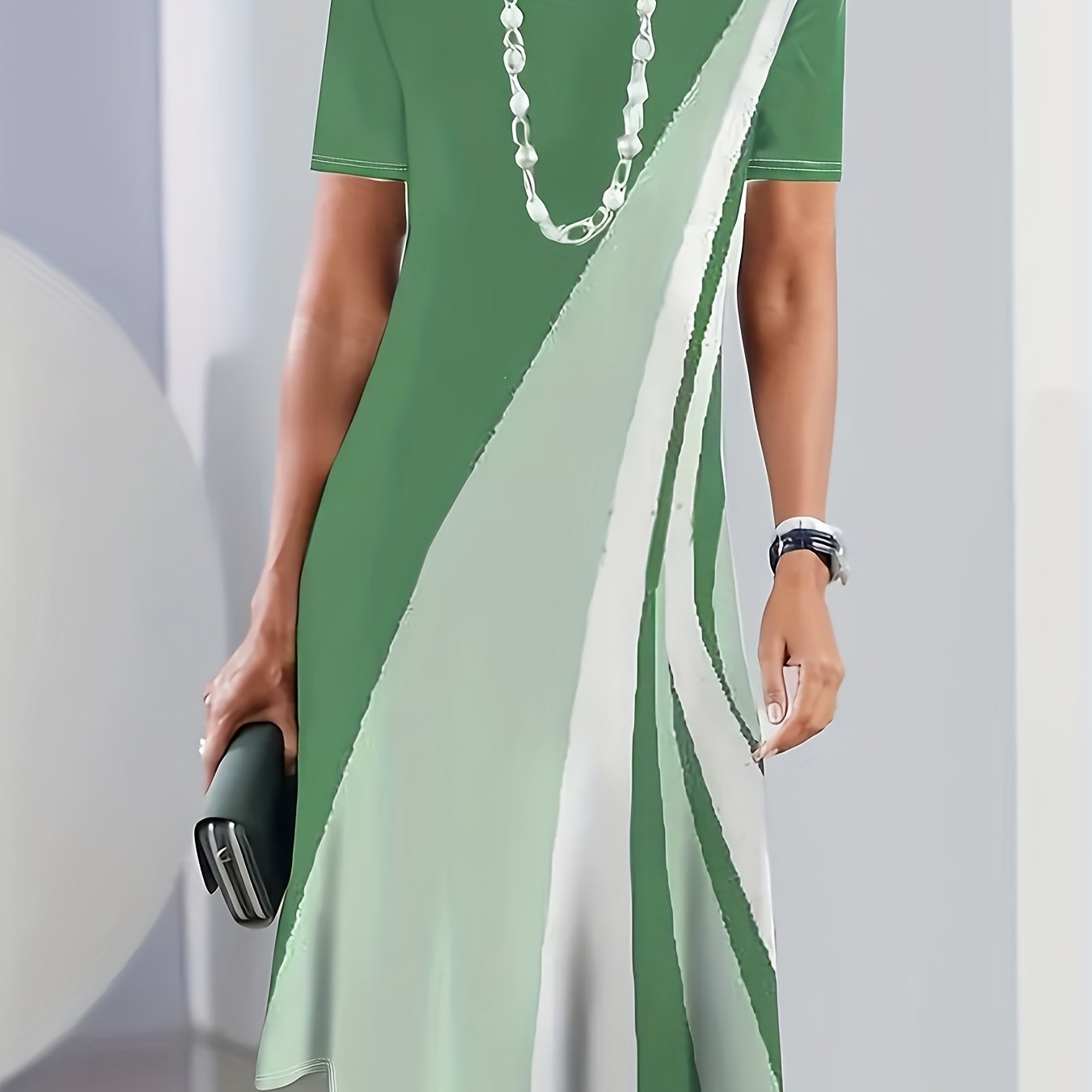 TEMU New Round Neck Short-sleeved Dress, Elegant Temperament, Mid-length Dress