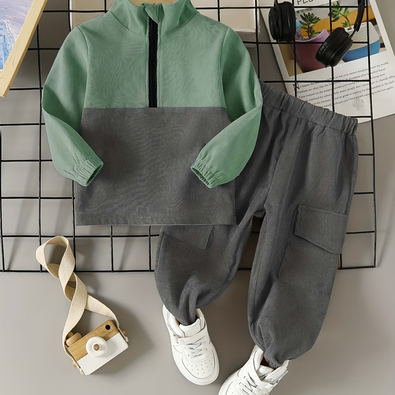 Image of Boys' Corduroy Small Stand Collar Suit Fashion Casual Autumn And Winter Clothing Zipper Stand Collar Suit, For Outdoor