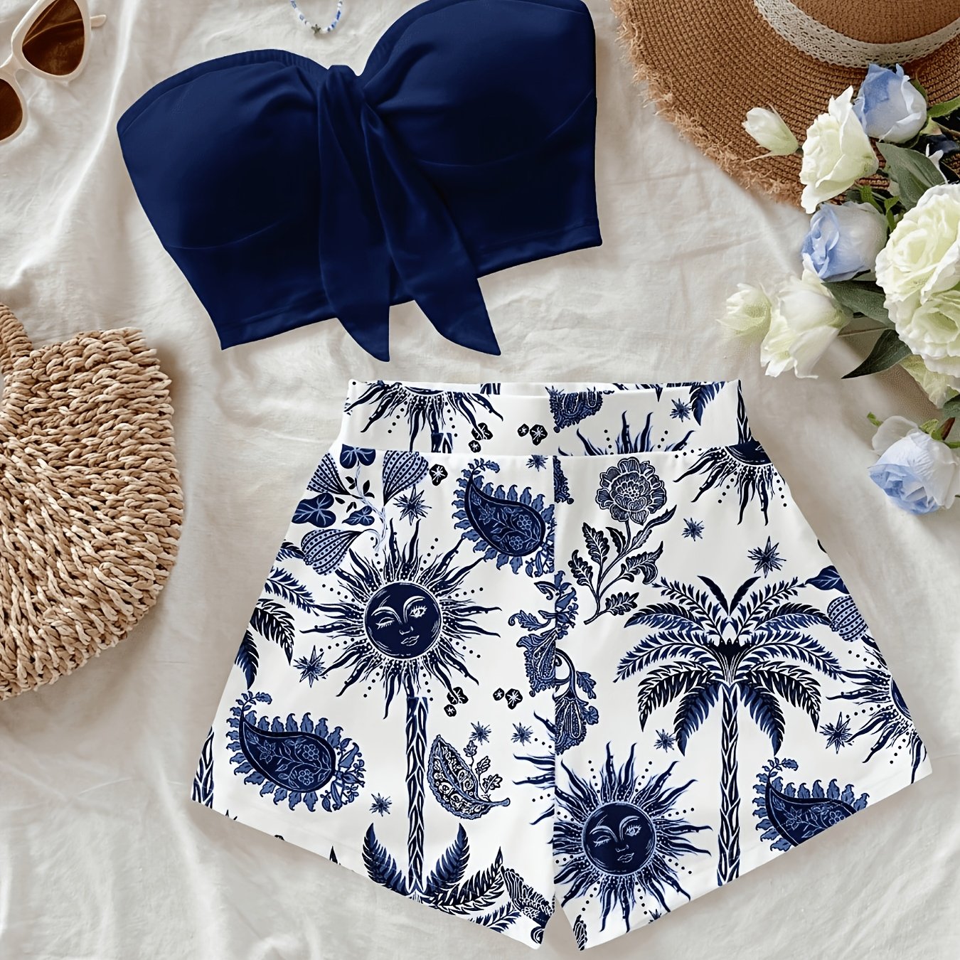 TEMU Women's Island Vacation Coconut Tree And Sun God Flower Print 2pcs Set, Suitable For Vacation, Summer, And Fashionable Spring Wear