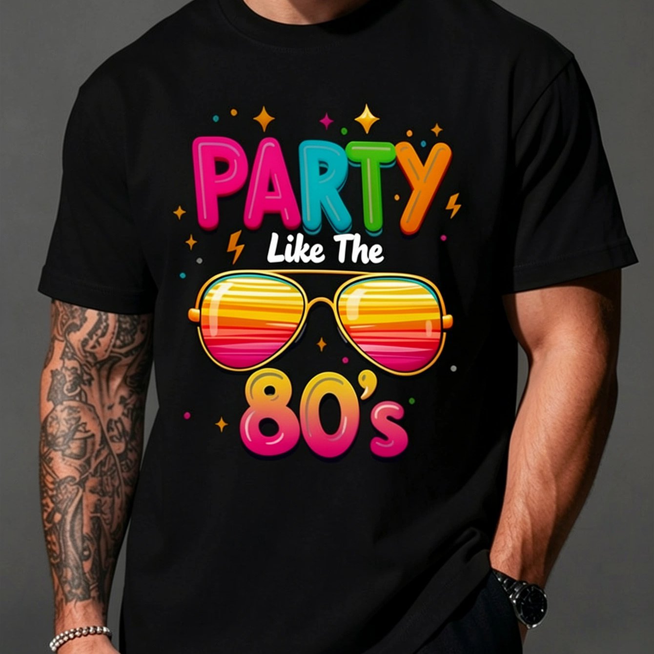 Image of 1pc, Men's Crew Neck Casual T-shirt, Short Sleeve, 100%, Party Like The 80s Retro Sunglasses T-shirt, Suitable For Daily Work And