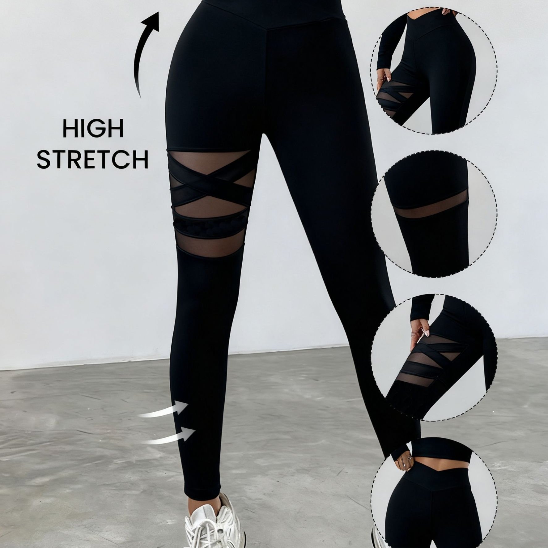 E-shop 1 Stück High-Waist Vollabdeckende Sheer Net Sportleggings - Po-hebende Yoga-Hose geeignet für Fitness, Radfahren, Training - Atmungsaktive