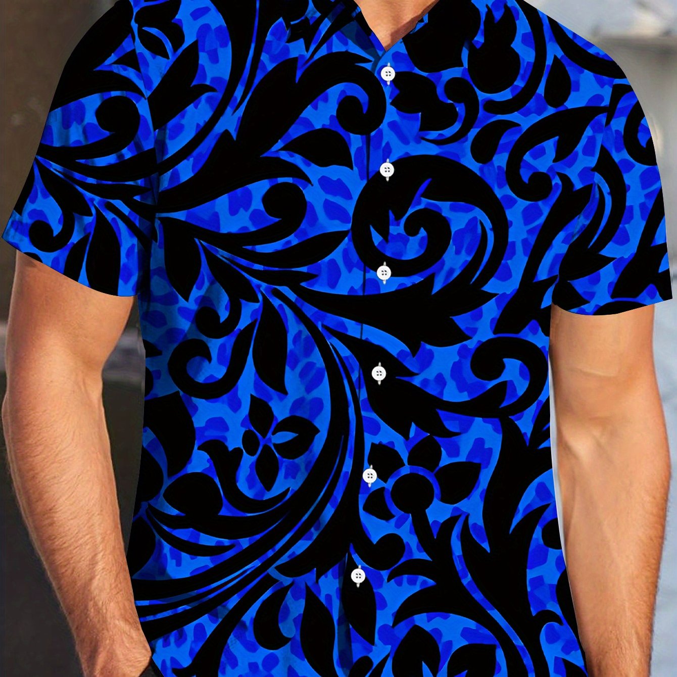 TEMU Men's Bohemian Style Short-sleeve Shirt, Blue Print Pattern, Button- Collar, Suitable For Casual And Formal Occasions, Hand Wash/, Versatile