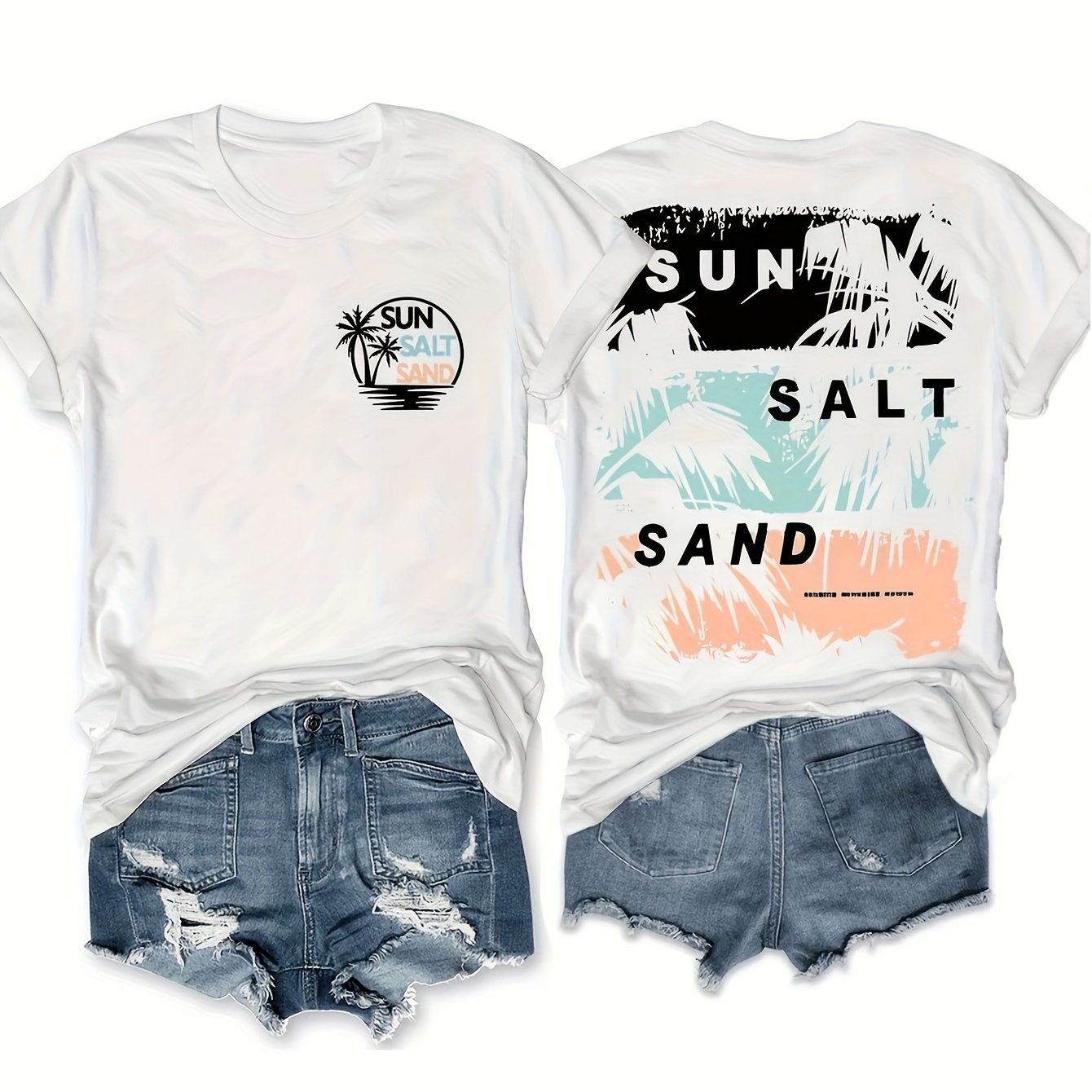 E-shop Damen bedrucktes T-Shirt, lässiges Rundhals-Kurzarmtop, Sommer- Frühlingsmode, -Material, reguläre Länge, Stoff, Sonne, Salz Sand Design