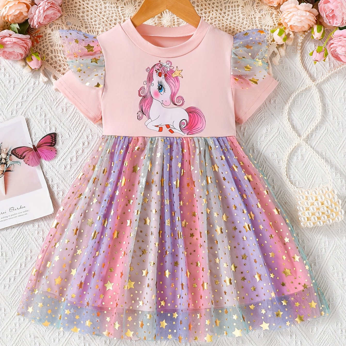 Girls' Unicorn Print Dress With Casual Round Neck, Short Sleeves, Ruffle Hem, Contrast Mesh Star Detail, And Flared Bottom For Summer
