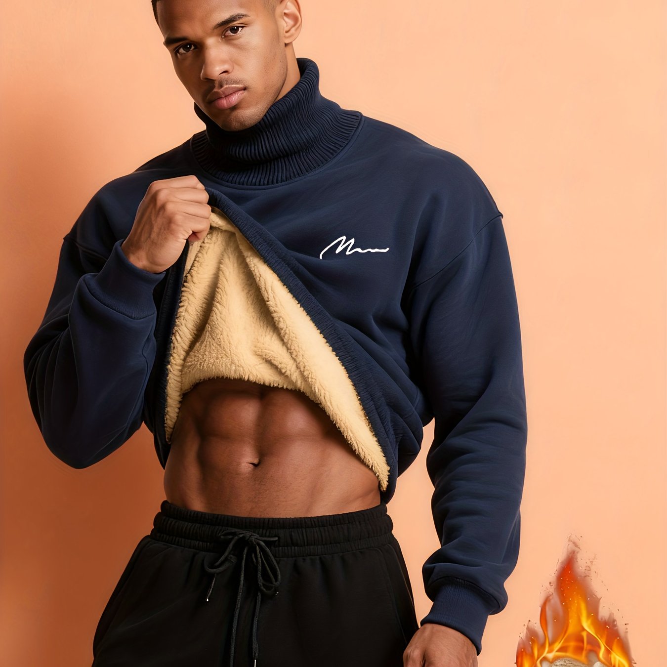 Image of Men's Autumn/winter New Arrival High Neck -lined Long Sleeve Sweatshirt, Fashionable, Warm, Versatile, Stylish, Comfortable, And Suitable For Outerwear