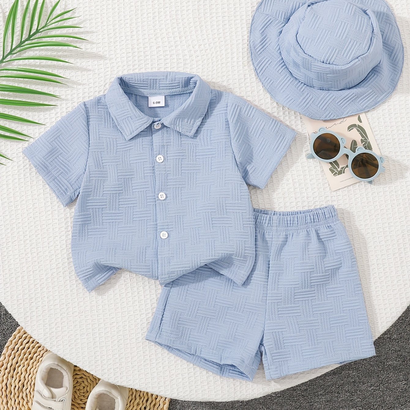 Image of Baby Boy Infant Solid Button-up Shirt Top And Casual Shorts And Casual Hat 3pcs Set Short Shorts Outfit, For Outdoor