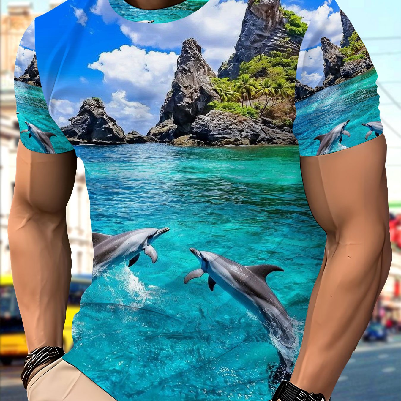 TEMU Men's 3d Men's Polyester T-shirt With Jumping In Turquoise Ocean Print, Breathable Casual Tee For Summer Beach Vacation, Featuring Tropical