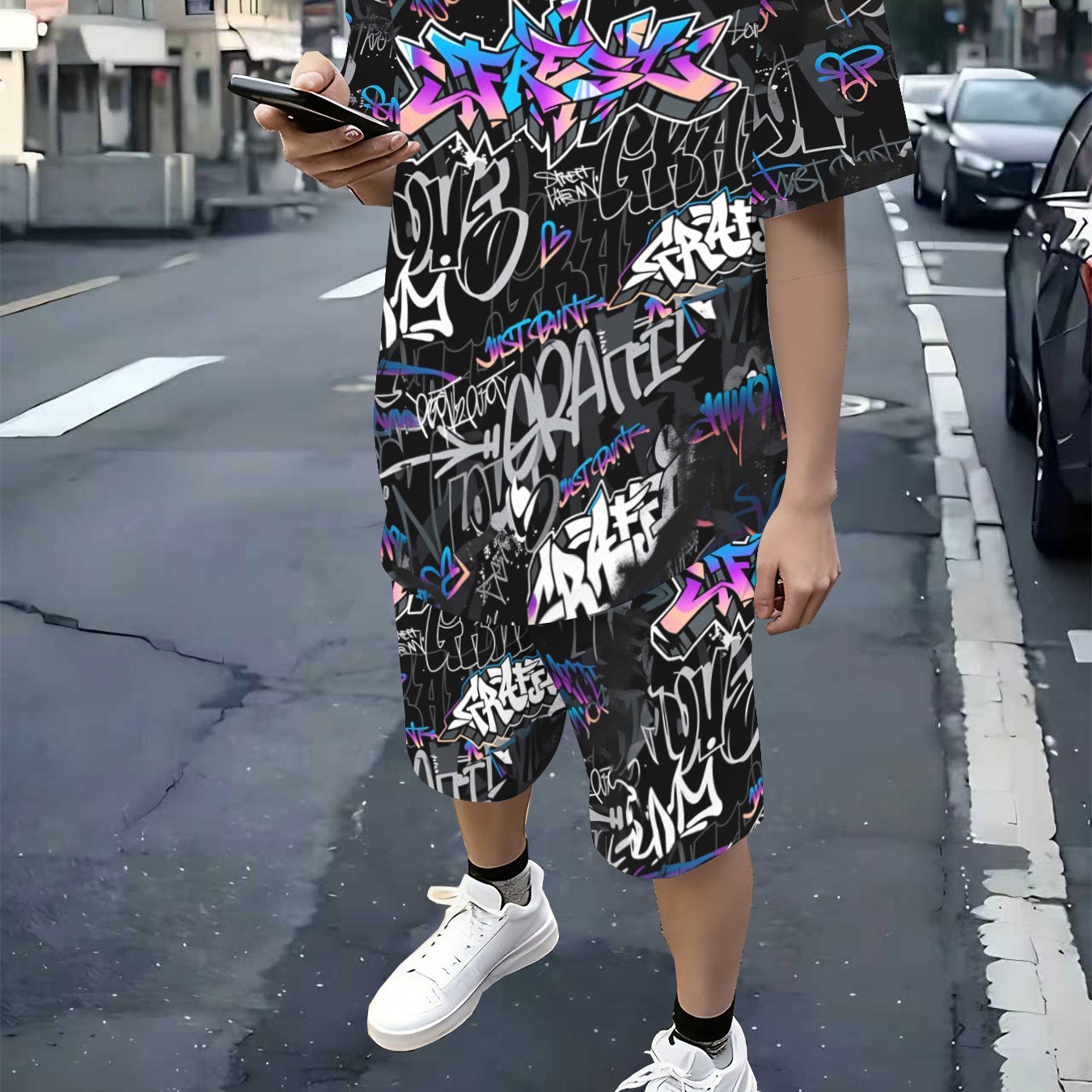 TEMU Boys' Summer Set, Fashionable And Letter Graffiti Printed Pattern, Youth Fashion Shorts Set, Short Sleeve T-shirt And Loose Shorts 2pcs Set,