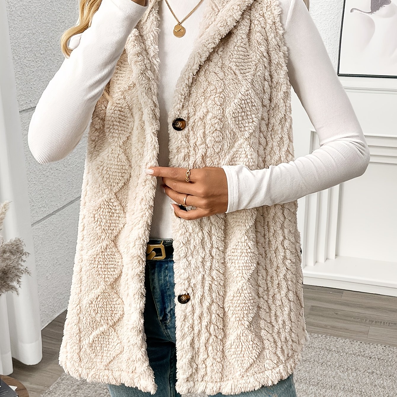 Elegant Sleeveless Hooded Vest For Women - Solid Color, Plush Texture, Button Detail, Machine Washable - Perfect For Fall & Winter, Elegant Style, All//all