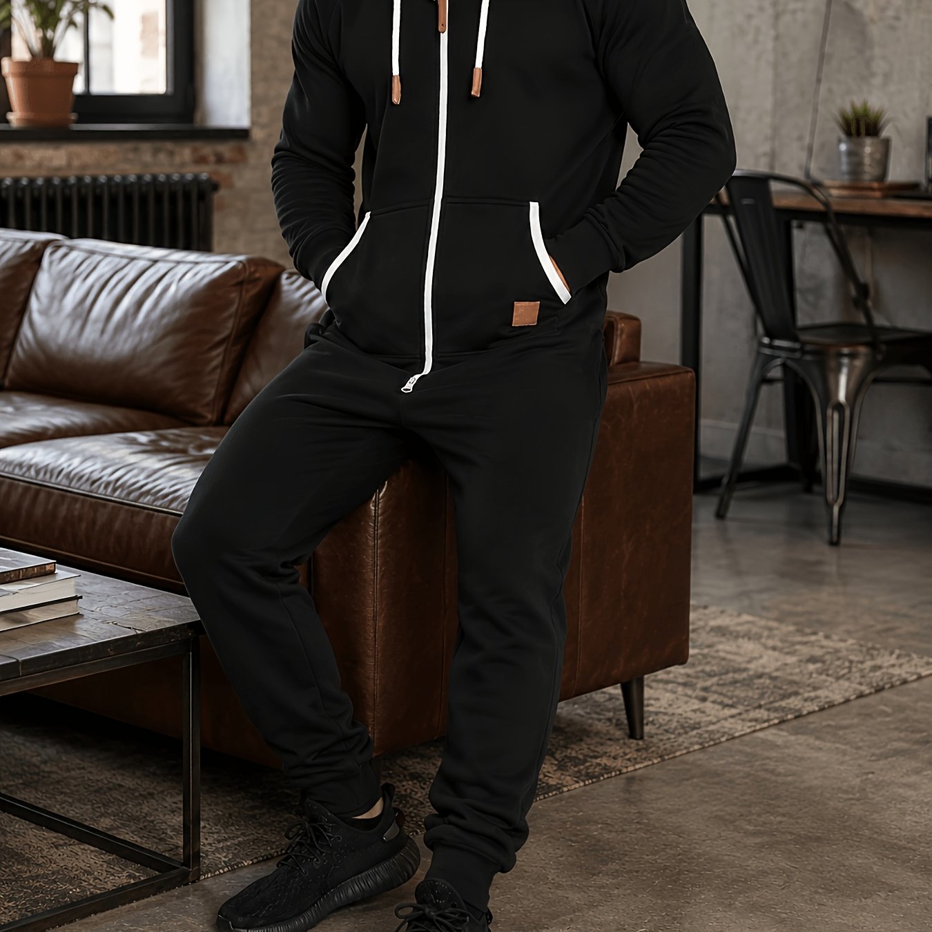 TEMU Men's Hooded Fleece-lined Jumpsuit With Long Sleeves, Full Zipper, And Kangaroo Pockets, Winter Clothes For Men, Suitable For Travel And Seaside
