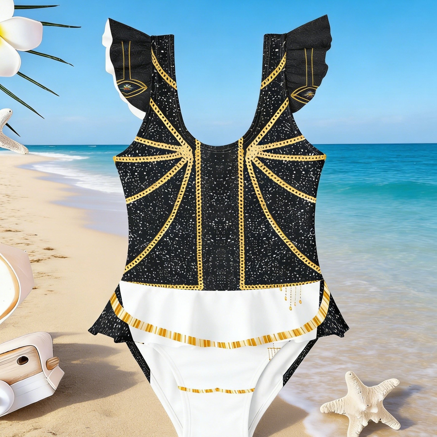 TEMU Costume da bagno estivo per bambine con dolci volant maniche e arricciato, completo da piscina per vacanze al mare, costume da bagno estivo da