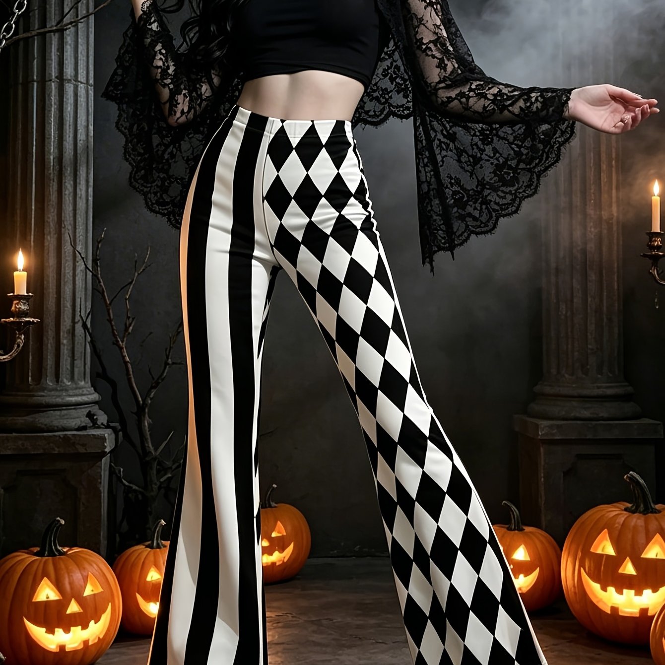 TEMU Pantaloni a d'elefante a vita da donna per Halloween con stampa a righe bianche e nere e a , stile retr簷 Y2K, moda elasticizzata, e casual, per