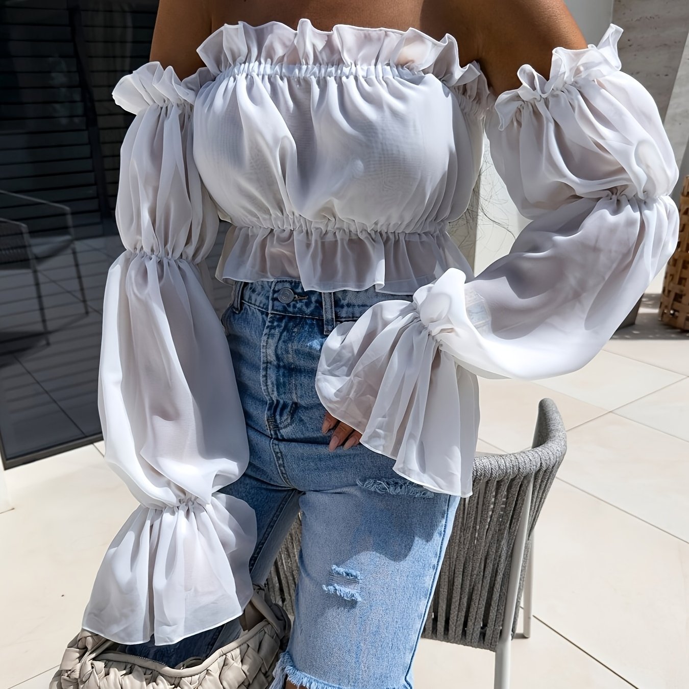 E-shop Damen Freizeit Einfarbige Chiffon Spitze Off-Shoulder Langarm Bluse Puffärmel Elegante Damenbekleidung Mode Vielseitiger Stil YT