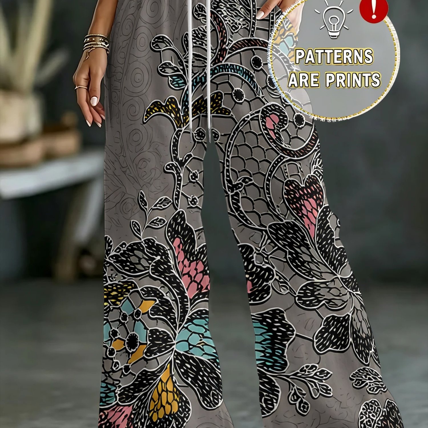 TEMU Retro Ethnic Style Floral Print Wide-leg Pants For Women, Gray High-waist Drawstring Casual Trousers