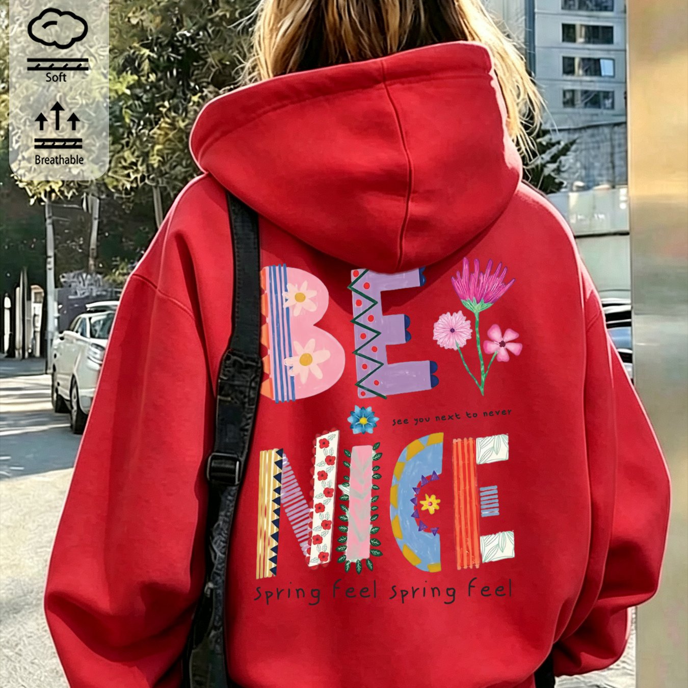 Image of Autumn Winter Women's Hoodie With Y2k Colorful Back Letter & Floral Print, Retro Streetwear Casual Drawstring Pullover Jacket