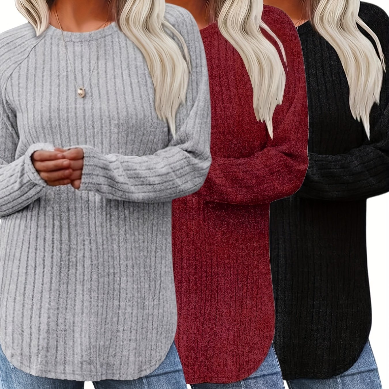 TEMU 3pcs Women's Fashion Ribbed Top With Curved Hem And Sensual Round Neck Design