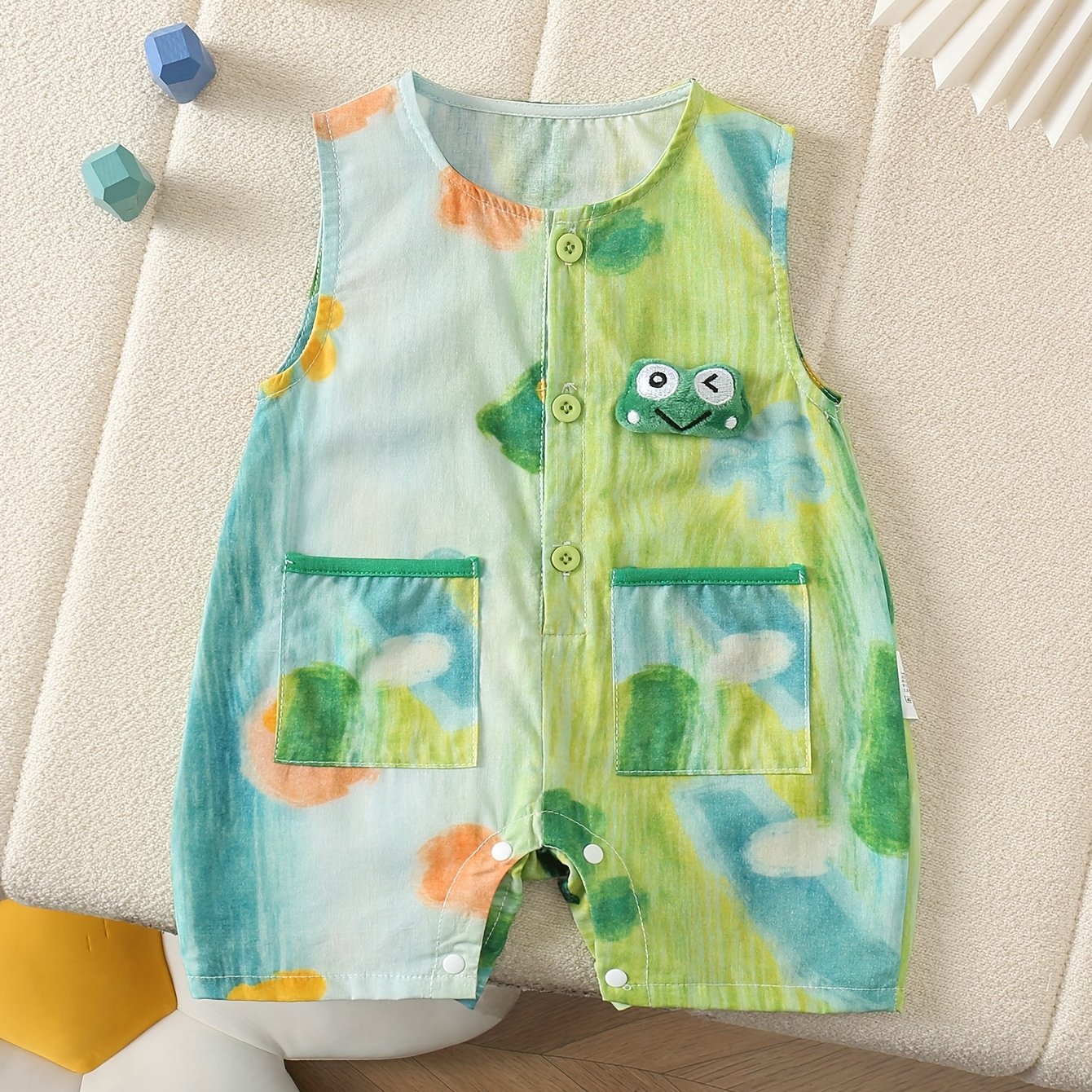Image of Random Print: ' + 1pc Of Collarless Half- Shoulder Short Jumpsuit For Boys And Girls, Summer Thin Style, For Outdoor