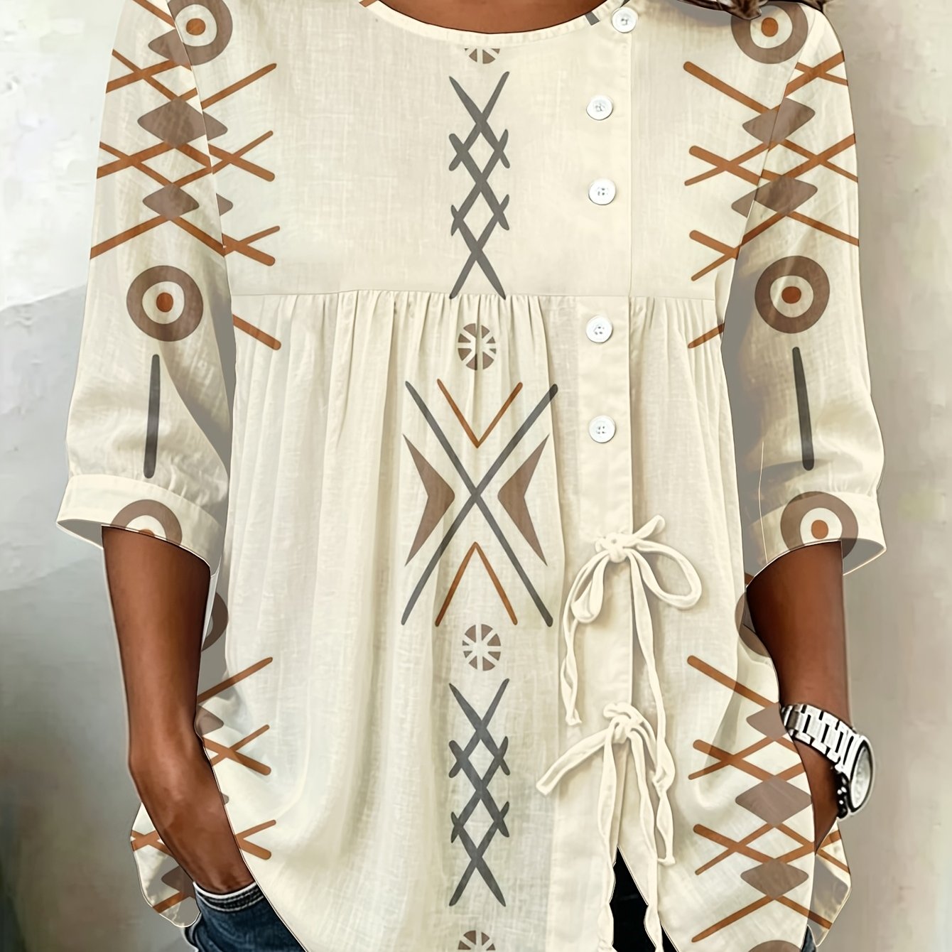 TEMU Plus Size - Boho Geometric Pattern Women's Plus Size Button Blouse, Oversized Longline Essential For Spring Summer Trend, Tribal Print High
