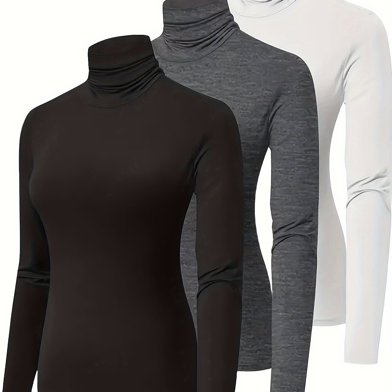 TEMU 3 Pack Turtle Neck T-shirt, Casual Long Sleeve T-shirt For Spring & Fall, Women's Clothing