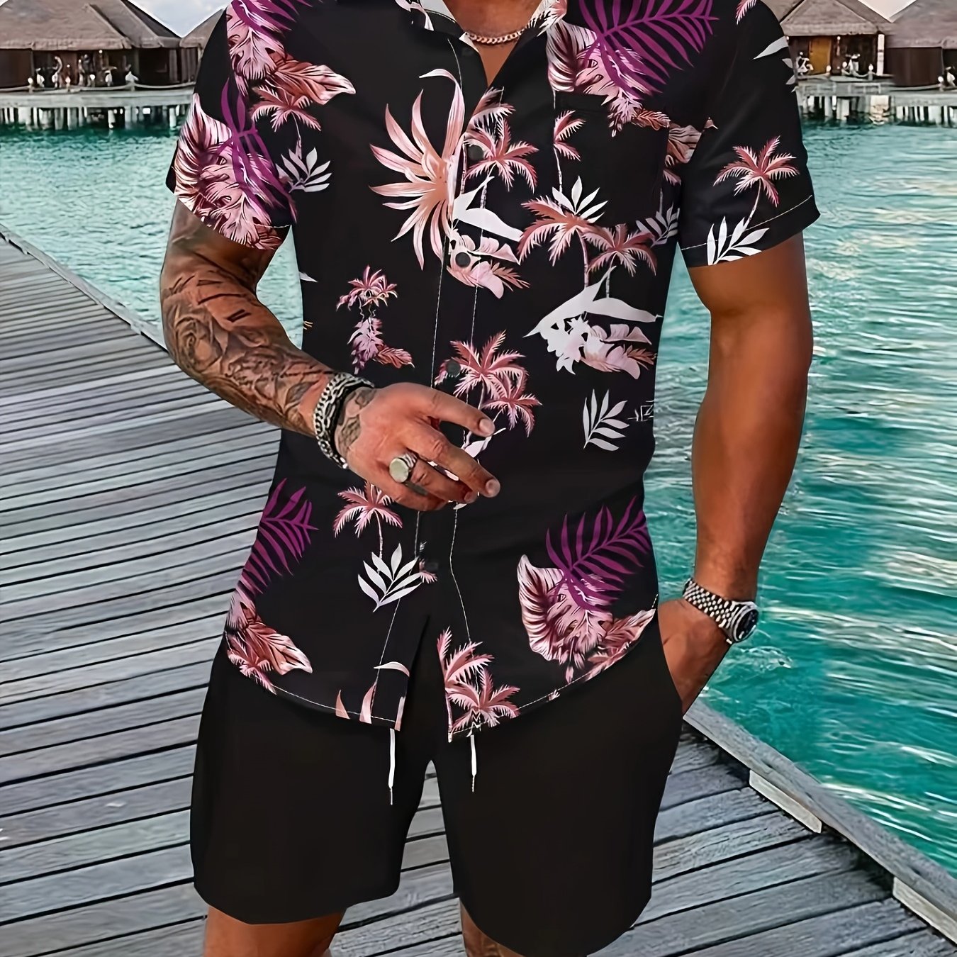 TEMU Men's Fashion Shirt Set, Tropical Plant And Floral Pattern Print, Summer Men's Shirt With Short Sleeves And Shorts 2pcs Set