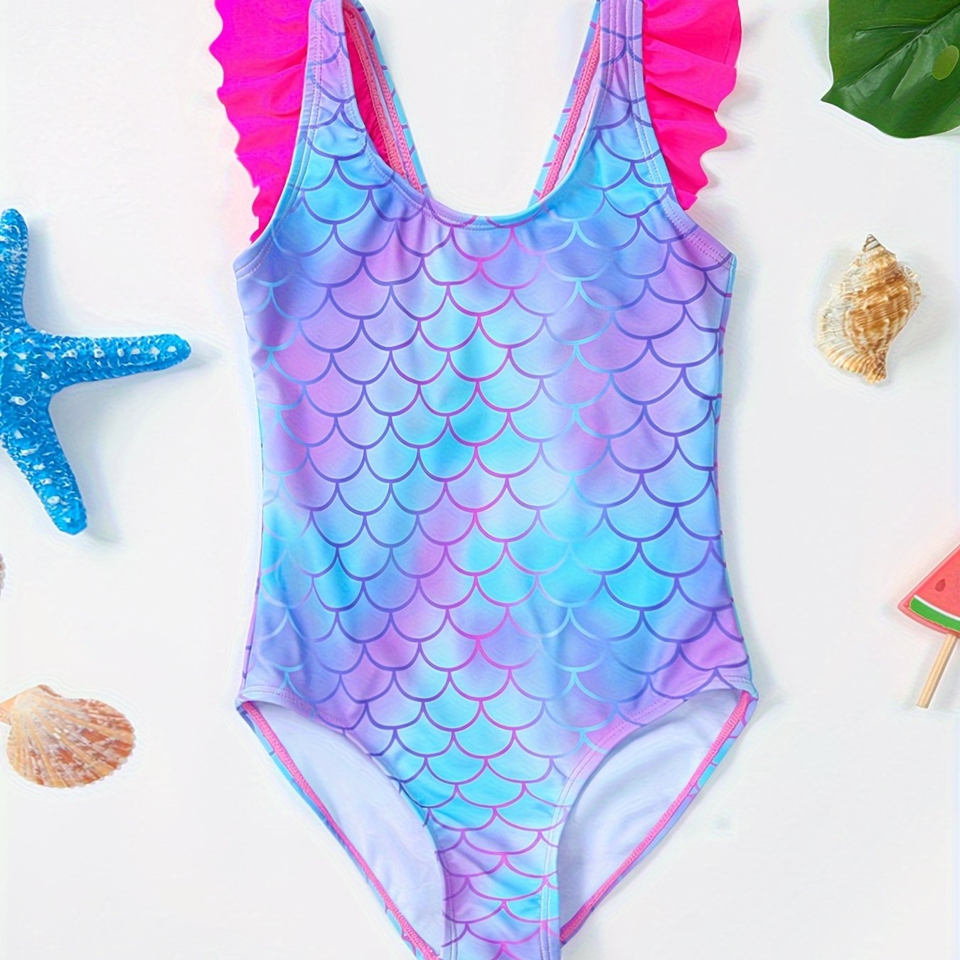 Girls' One-piece Swimsuit With Fashionable And Fish Scale Print