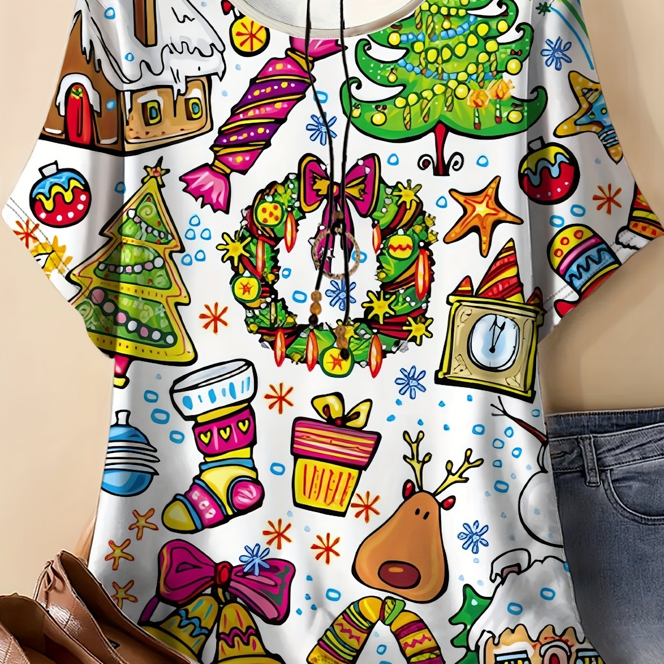TEMU Plus Size - Women's Round Neck Short Sleeve T-shirt, Christmas Apparel, Featuring Christmas Elements - Reindeer, , Etc. Prints. Medium Stretch