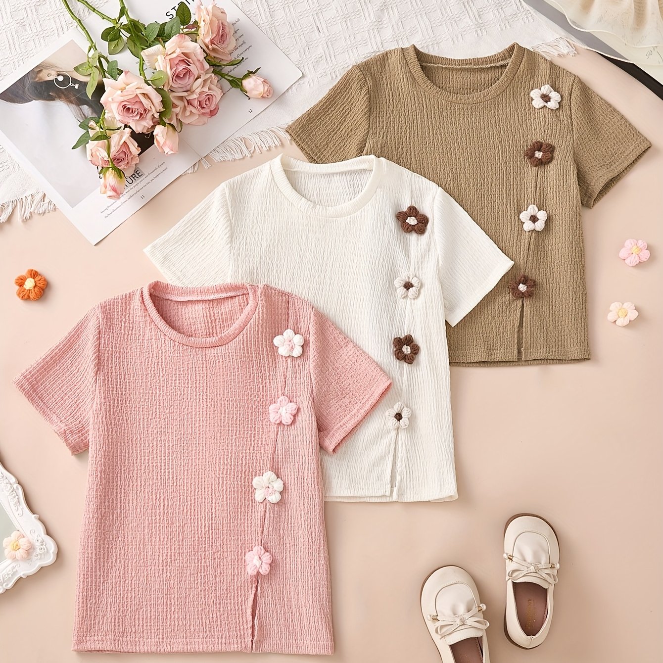 Image of Girls' 3pcs T-shirt Set For Spring, Summer, And Autumn - Solid Pink, Brown, And White Round Neck Short Sleeve Tops With Horizontal Floral Print, Ted Fabric, Casual , Soft And Comfortable, Under 12