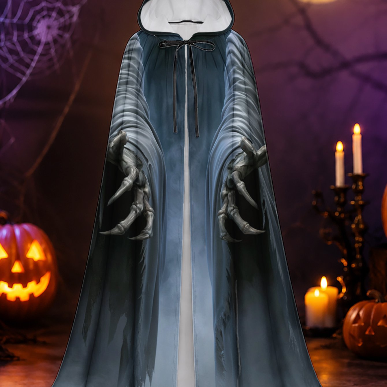 TEMU 1pc Hooded Skeleton Cloak Cape With Hooded Skeleton & Outstretched Hands Pattern - Long Loose-fit Hooded Cape Suitable For Halloween Costumes,