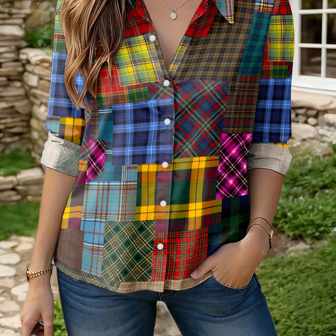 TEMU 2026 New Women's Long-sleeve Shirt, Classic Plaid Print, Versatile Regular Fit For Daily Commuting And Casual Wear, Stylish Vintage Plaid Design