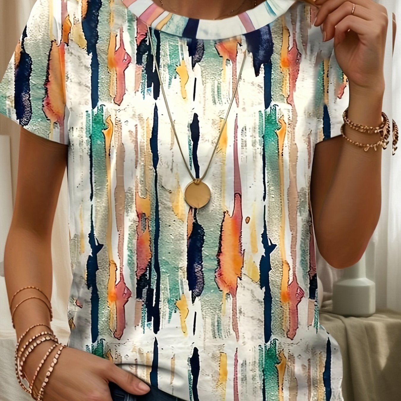TEMU [printed Design â Not Textured] Summer Women's T-shirt, Graphic Geometric Stripe Vintage Short Sleeve Crew Neck Regular , Versatile For Daily ,