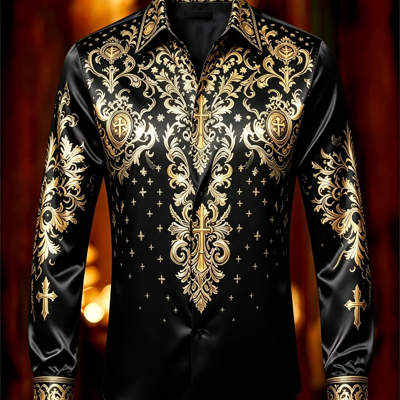 Image of Men's Vintage Baroque Black Golden Long Sleeve Button- Shirt, Casual Party Formal Top - Glossy Fabric Stylish Luxurious Shirt Father's Day Men's Gift Nightclub Party/dances