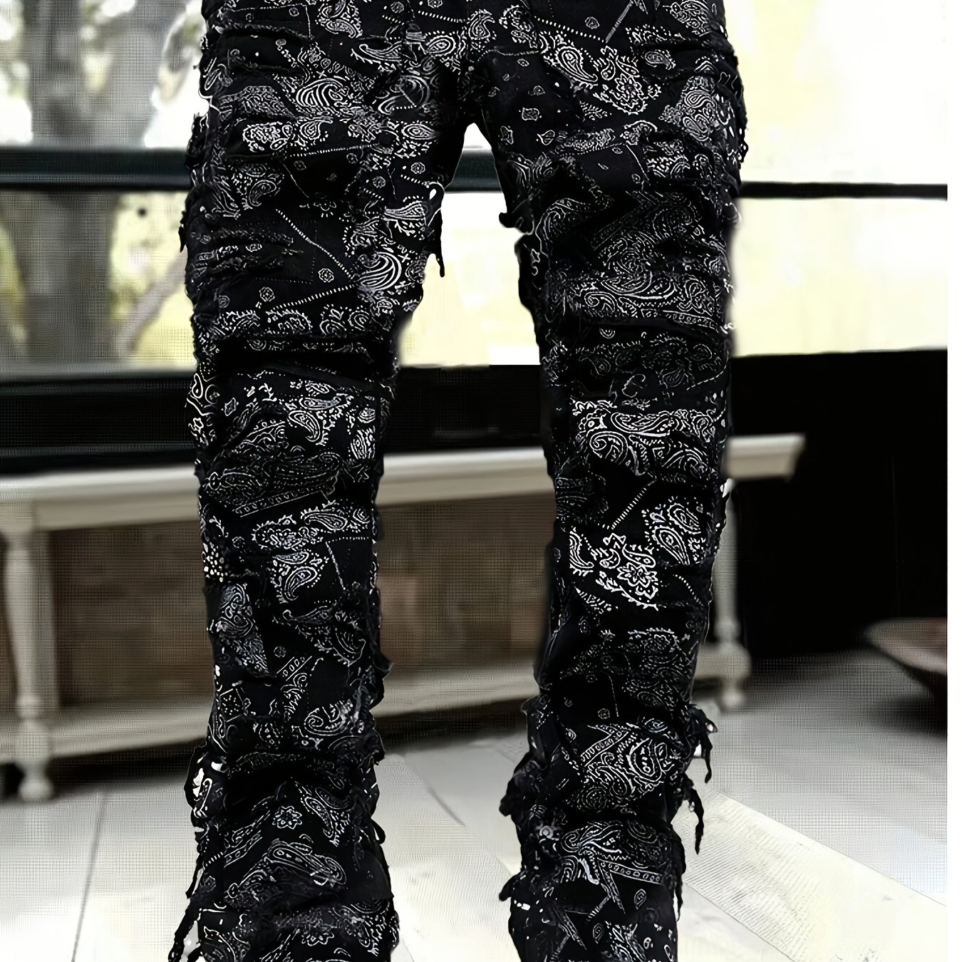 TEMU [hme]men's Casual Print Jeans, Featuring A Hip-hop Style, Mid-rise Stretchy Slim Straight Cut, With Three-dimensional Tailoring And Irregular