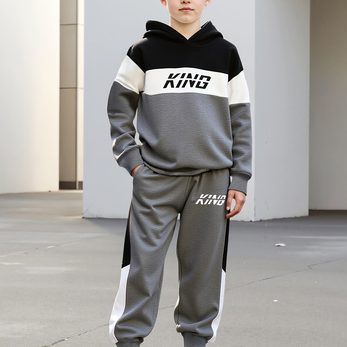 2pcs Outfit For Boys Featuring A Hooded Sweatshirt With Color Block And Letter Print, With Casual Trousers, Suitable For Spring And Autumn, For Outdoor B030, Perfect For Outdoor